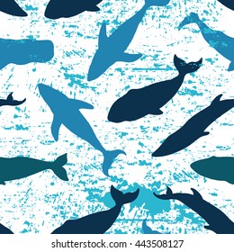 Seamless pattern with whales. Ink. Hand drawn. Hands painted in ink abstract texture.