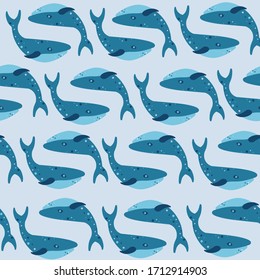  Patrón sin problemas. Ballenas. Fondo azul claro