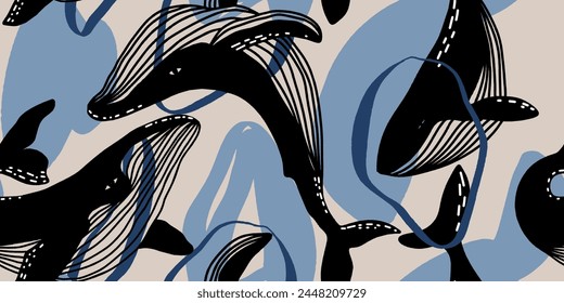 Seamless pattern with whales. Line art pattern for wallpaper, web page background, surface textures.
