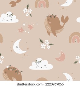 Seamless pattern with whales and moon in Scandinavian style. Cute baby animals. Pattern for children with whales.