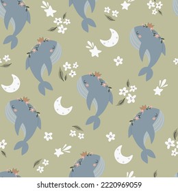 Seamless pattern with whales and moon in Scandinavian style. Cute baby animals. Pattern for children with whales.
