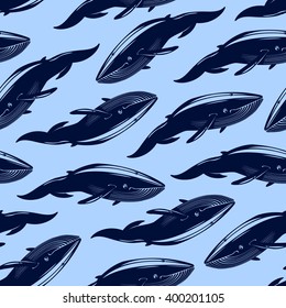 Seamless pattern with whales on blue background. Vector illustration.