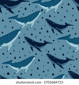 Modelo inconsútil con las ballenas en un fondo oscuro. Una Plantilla para imprimir, el Fondo de pantalla, la tela, y los Sitios web. Ilustración vectorial