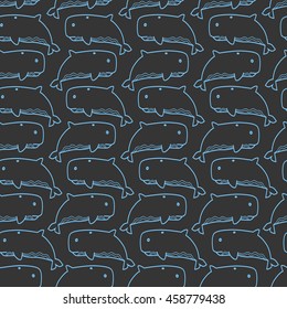 Seamless pattern with whales on dark gray background