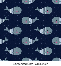 Seamless pattern with whales on dark blue polka dot background. Vector sea background for kids. Child drawing style cartoon baby animals underwater illustration. Design for fabric, textile, decor.