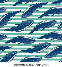 Seamless pattern with whales on green striped background. Vector illustration.