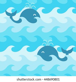 Seamless pattern with whales on the waves in the sea. Cute vector background. Good for baby prints, child textile, decoration, posters, game backgrounds and many more. 