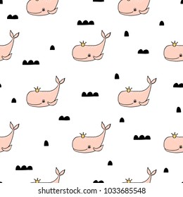 Seamless pattern with whales on white background