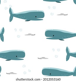 patrón transparente con ballenas en fondo blanco. estampado infantil con animales de mar. para el diseño de tejidos, embalaje, productos para bebés