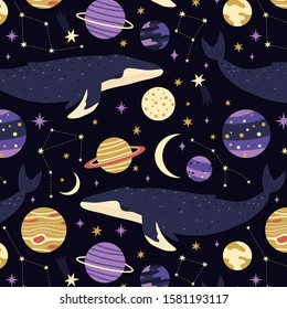 seamless pattern with whales, planets and stars on blue background. Vector pattern of cosmic whale. Scandinavian whale pattern for children textile, posters, cards, nursery decor