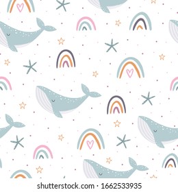 Seamless pattern with whales, rainbows and dots on white background. Vector illustration for children.