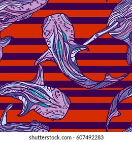 Seamless pattern with whales and red stripes. Vector illustration.