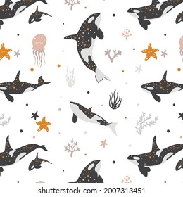 Seamless pattern with whales, sea animals on a white background. Suitable for kids room decoration, wallpapers, backgrounds, textures, fabrics.