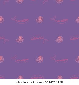 Seamless pattern with whales, seashells. 
Marine theme. Hand-drawn illustration. 
