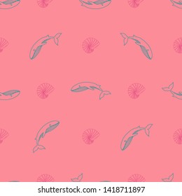 Seamless pattern with whales, seashells. 
Marine theme. Hand-drawn illustration. 
