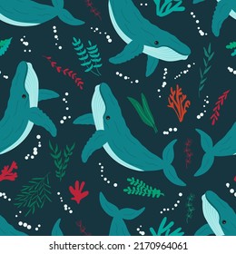 Seamless pattern whales with seaweed on dark blue background. Backdrop for wallpaper, print, textile, fabric, wrapping. Vector illustration