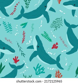 Nahtlose Musterwale mit Algen auf blauem Hintergrund. Hintergrund für Tapete, Druck, Textilien, Stoff, Umhüllung. Vektorgrafik