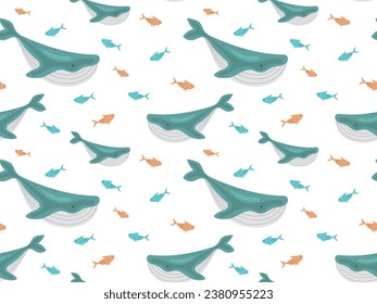 Seamless pattern with whales and small colored fish. Use for textiles, prints, wallpapers, vector illustrations