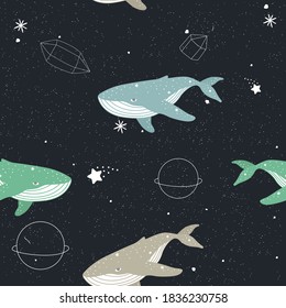 Seamless pattern with whales and stars. 