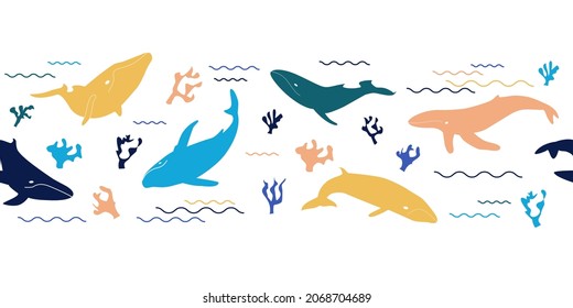 Seamless pattern of whales swimming among waves and corals. Ornament of silhouettes for design. Seamless border collection of underwater sea mammals with fins and tails. Vector isolated illustration.