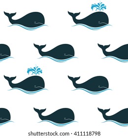 Seamless pattern with whales and their blow spouts