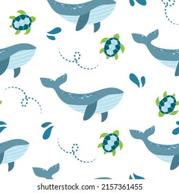 Seamless pattern with whales and turtles in blue and green colours on a white background. Vector ilustration.