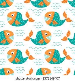 Seamless pattern with whales. Underwater life. Flat design. Vector illustration. Design element for fabric, wallpaper or wrapping paper.