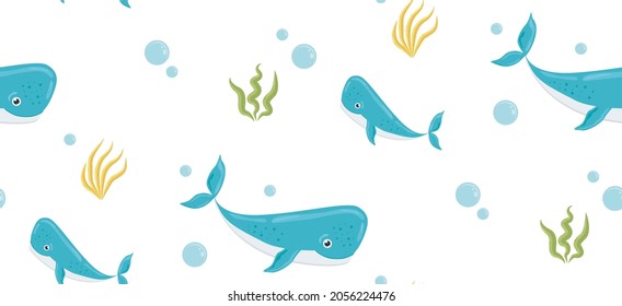 Seamless pattern with whales. Underwater world with algae isolated on white background. Creative kids texture for fabric, wrapping, textile, wallpaper, apparel. Vector illustration
