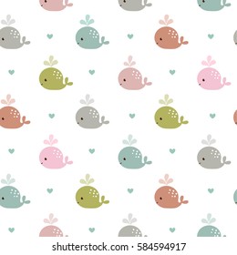 Seamless pattern with whales. Vector abstract colorful fish seamless pattern, whales and hearts.