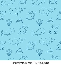 Seamless pattern whales, vector illustration, hand drawn, blue color