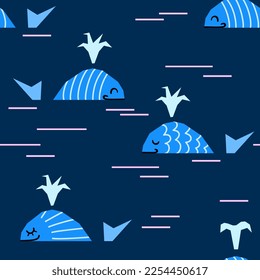 Seamless pattern with whales. Vector illustration. Trendy bright pattern. 