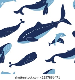 Patrón sin foco con ilustración vectorial de ballenas. Mamíferos marinos y tiburón ballena. Delfín y cachalot. Personajes de garabatos. Aislado sobre fondo blanco 