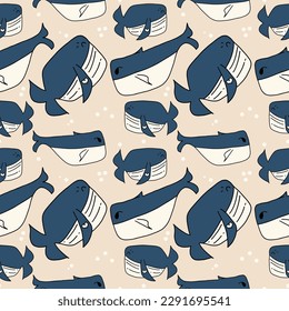 Seamless pattern with whales. Vector illustration for print, typography