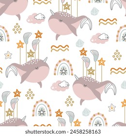 Seamless pattern with whales, waves, rainbows and seashells. Printing on fabric and paper. Vector illustration