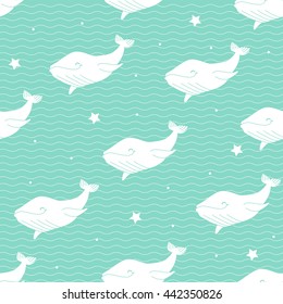Seamless pattern with whales and waves. Vector background