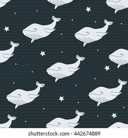 Seamless pattern with whales and waves. Vector background