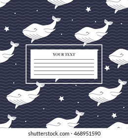 Seamless pattern with whales and waves. Vector background. Cover for a notebook. 