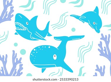 Seamless pattern with whales,dolphin and marine life