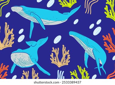 Seamless pattern with whales,seaweed and marine life