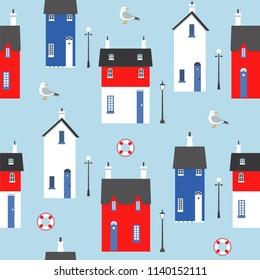 Seamless pattern with wharf houses, lanterns, lifebuoys and seagulls.   