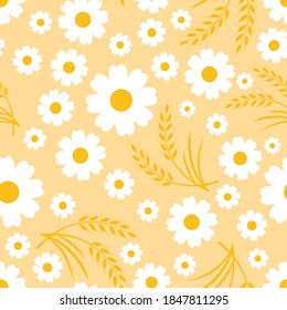 Patrón transparente de orejas de trigo y flor de margarita en la ilustración vectorial de fondo amarillo. Diseño plano para impresión.