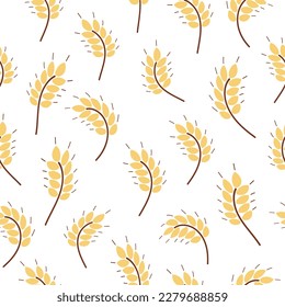 Seamless pattern with wheat ears. Rye, barley, cereal print. Hand drawn grain signs. Simple yellow bread, beer symbols. Vector illustration for wrapping, fabric, packaging