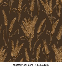 Patrón transparente con orejas de trigo o espigas sobre fondo negro. Fondo de cultivo de cereales, cultivo de alimentos. Ilustración vectorial realista en estilo vintage para papel pintado, papel textil.