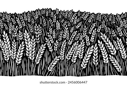 Seamless pattern with wheat field. Vector black and white ink illustration in sketch line style.