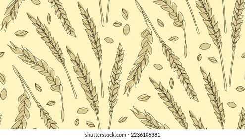 Seamless pattern of wheat grains in minimalistic line drawing on yellow background. Bakery background concept.