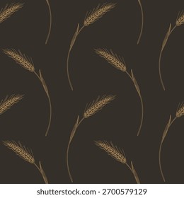 Patrón sin fisuras de trigo sobre un fondo marrón. Vector de tinta estilizada ilustración hecha a mano. Para el diseño de envases, tarjetas, fundas, estampados, etiquetas de productos y tejidos.