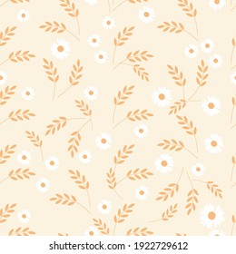 Seamless pattern with wheat plant and little daisy flower on yellow background vector illustration. Beautiful nature wallpaper.