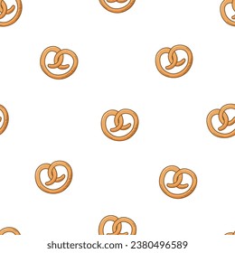 Seamless pattern wheat pretzel, cartoon doodle baking icon. Vector illustration background of snack.