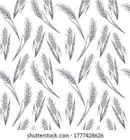 Seamless Pattern with wheat. For printing wrapping paper, packaging, fabric. Hand Drawn vector illustration.