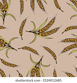 Seamless pattern of wheat sheaves on a neutral beige background. Perfect for fabric prints, or anything that looks at the countryside or the richness of nature.